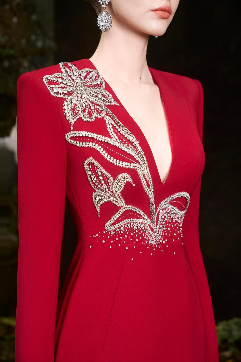 Deep V-Neck Orchid Crystal-Embellished Dress